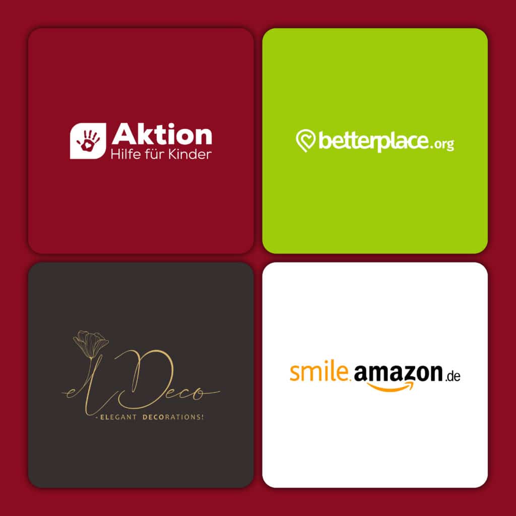 In Quadraten sind die Logos von Aktion HIlfe für Kinder, smileamazon.de, betterplace.org und elDeco. 