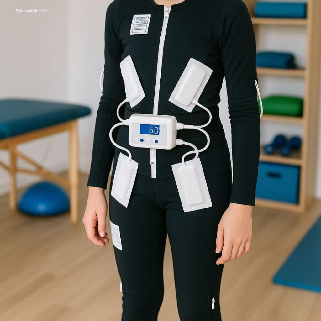 Nahaufnahme einer Person in einem schwarzen Ganzkörperanzug mit weißen Elektroden und digitalem Steuergerät.