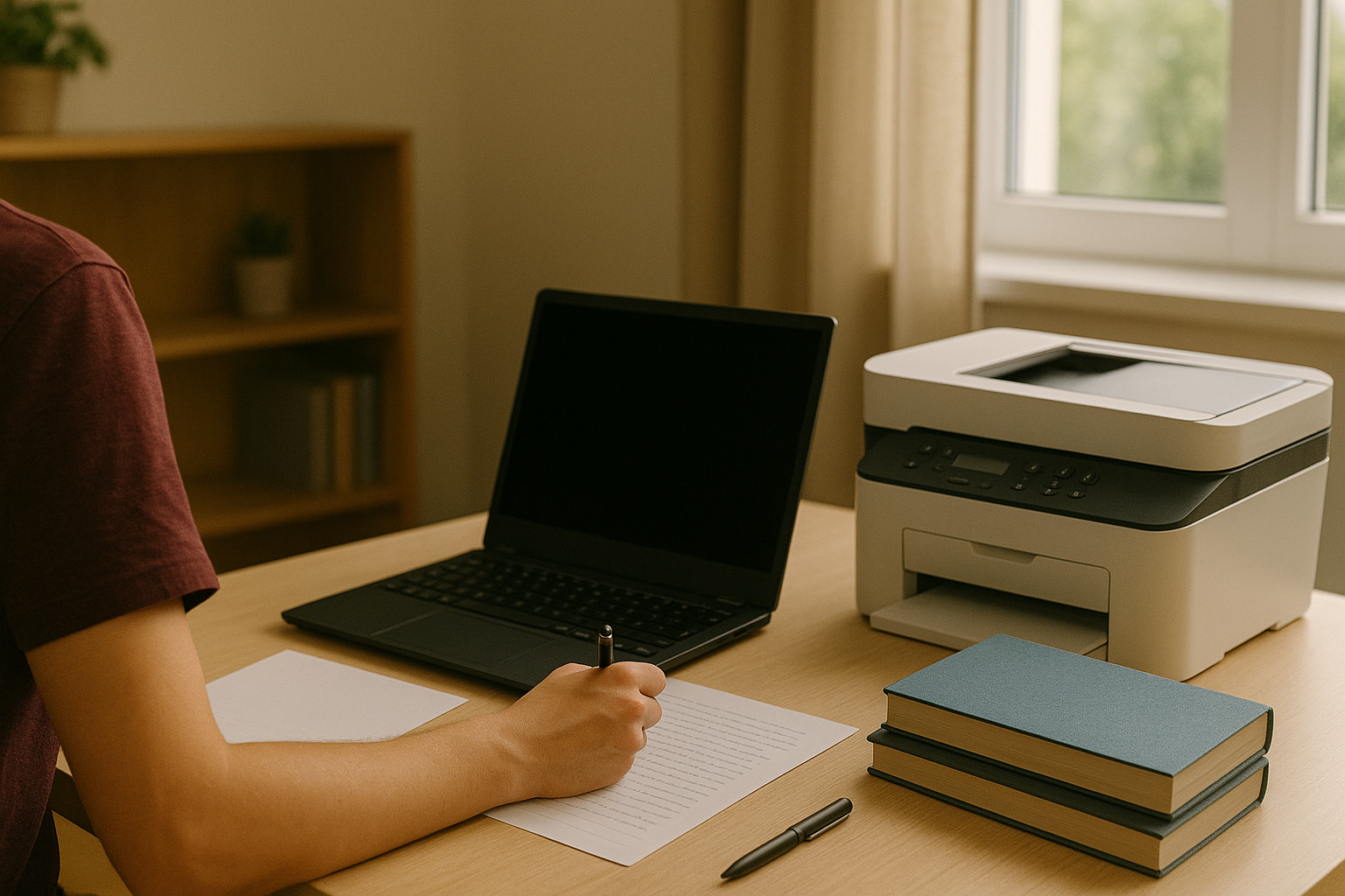 Eine Person, bekleidet mit einem T-Shirt, sitzt an einem Schreibtisch. Diese Person hält in seiner rechten Hand einen Stift und macht Notizen auf einem weißen Blatt Papier. Vor der Person steht dem Schreibtisch ein schwarzer Laptop, rechts daneben ein weißer Drucker und vor dem Drucker zwei Bücher. Im Hintergrund ist ein Fenster, eine Gardine und ein braunes Regal zu erkennen. Von der Person ist nur der rechte Arm zu erkennen.