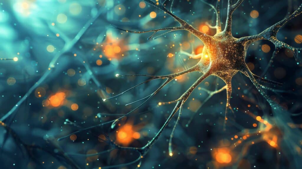 Detaillierte 3D-Darstellung einer goldfarbenen Nervenzelle mit verzweigten Dendriten vor türkisblauem Hintergrund mit leuchtenden orangefarbenen und blauen Lichtpunkten, die neuronale Aktivität symbolisieren.